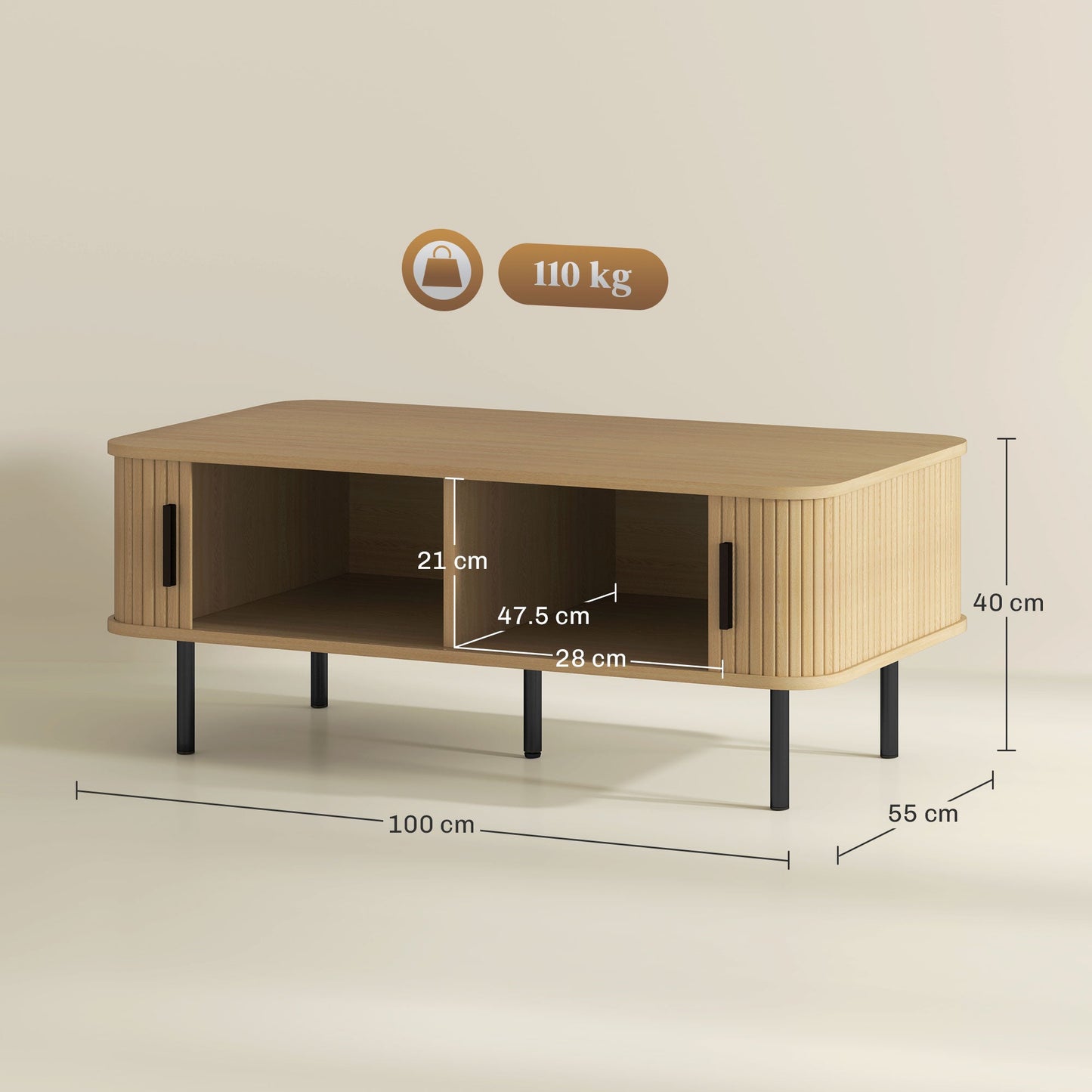 HOMCOM Coffee Table with Storage and Sliding Doors for Living Room, Oak