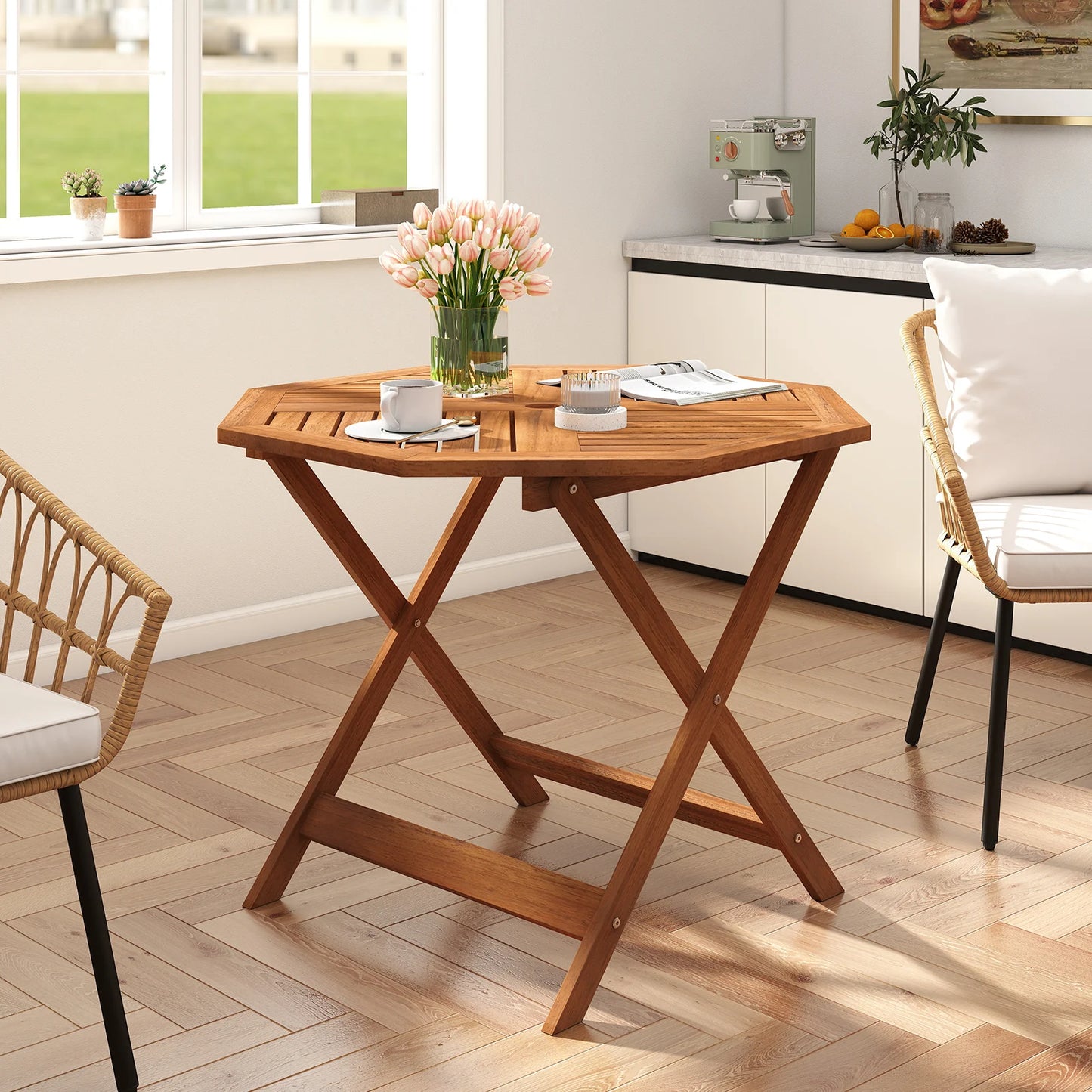 90CM Solid Wood Patio Dining Table with 5cm Umbrella Hole and Slatted Tabletop