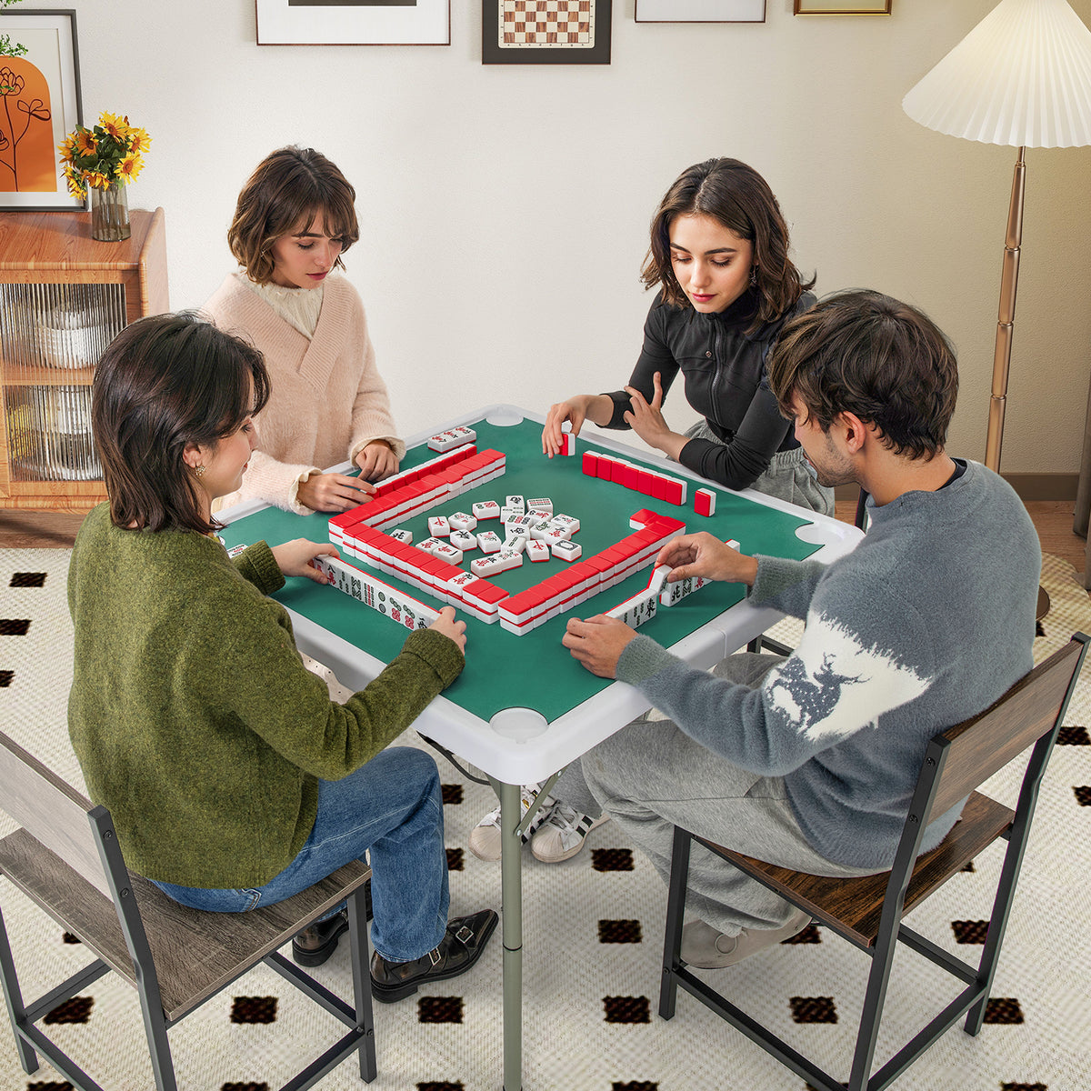 Folding Mahjong Table with Cup Holders and Removable Game Mat-Blue