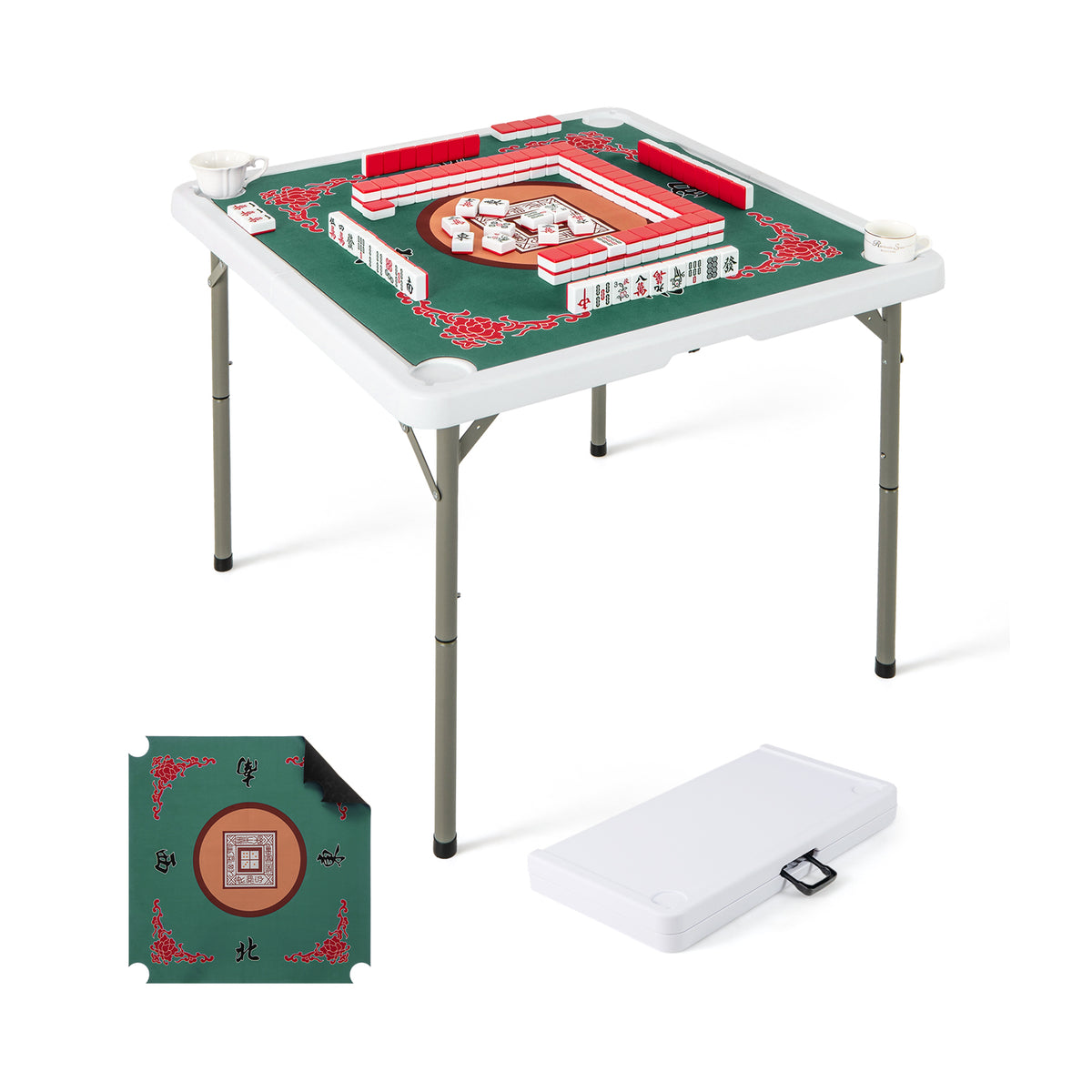 Folding Mahjong Table with Cup Holders and Removable Game Mat-Blue