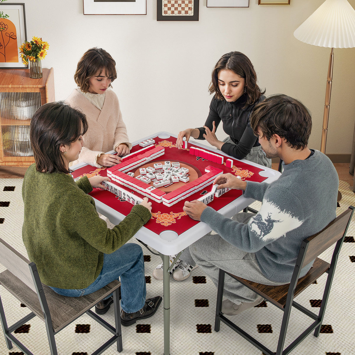 Folding Mahjong Table with Cup Holders and Removable Game Mat-Blue