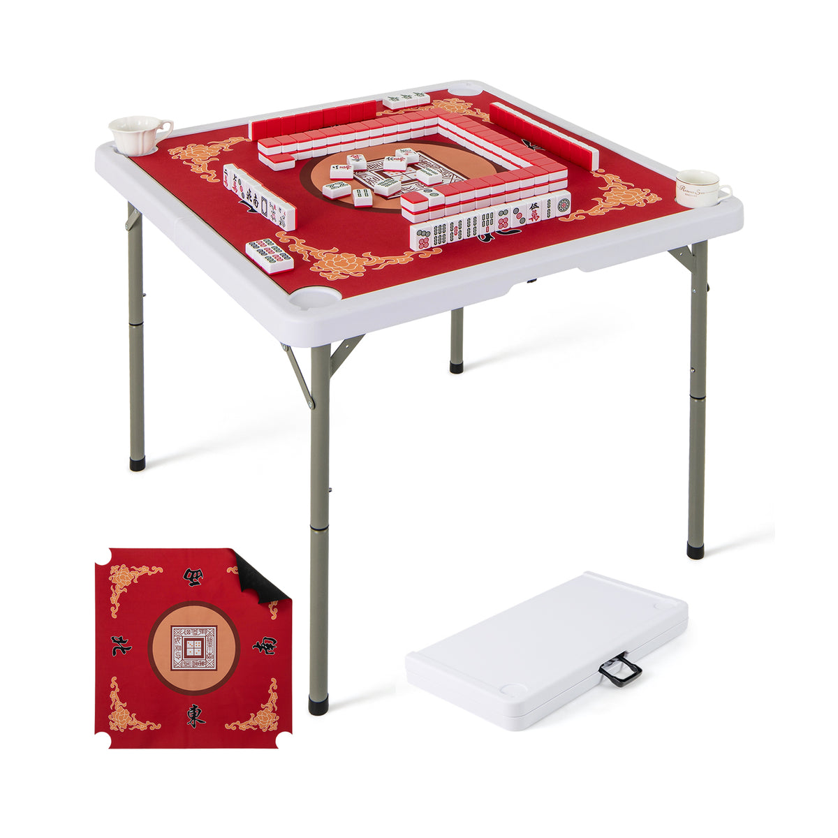 Folding Mahjong Table with Cup Holders and Removable Game Mat-Blue