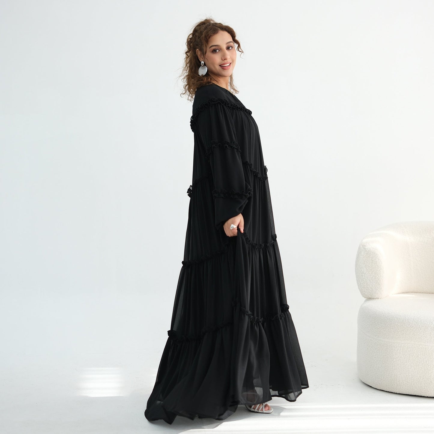Lace-Trimmed Tiered Modest Dress - Long Sleeve A-Line Maxi