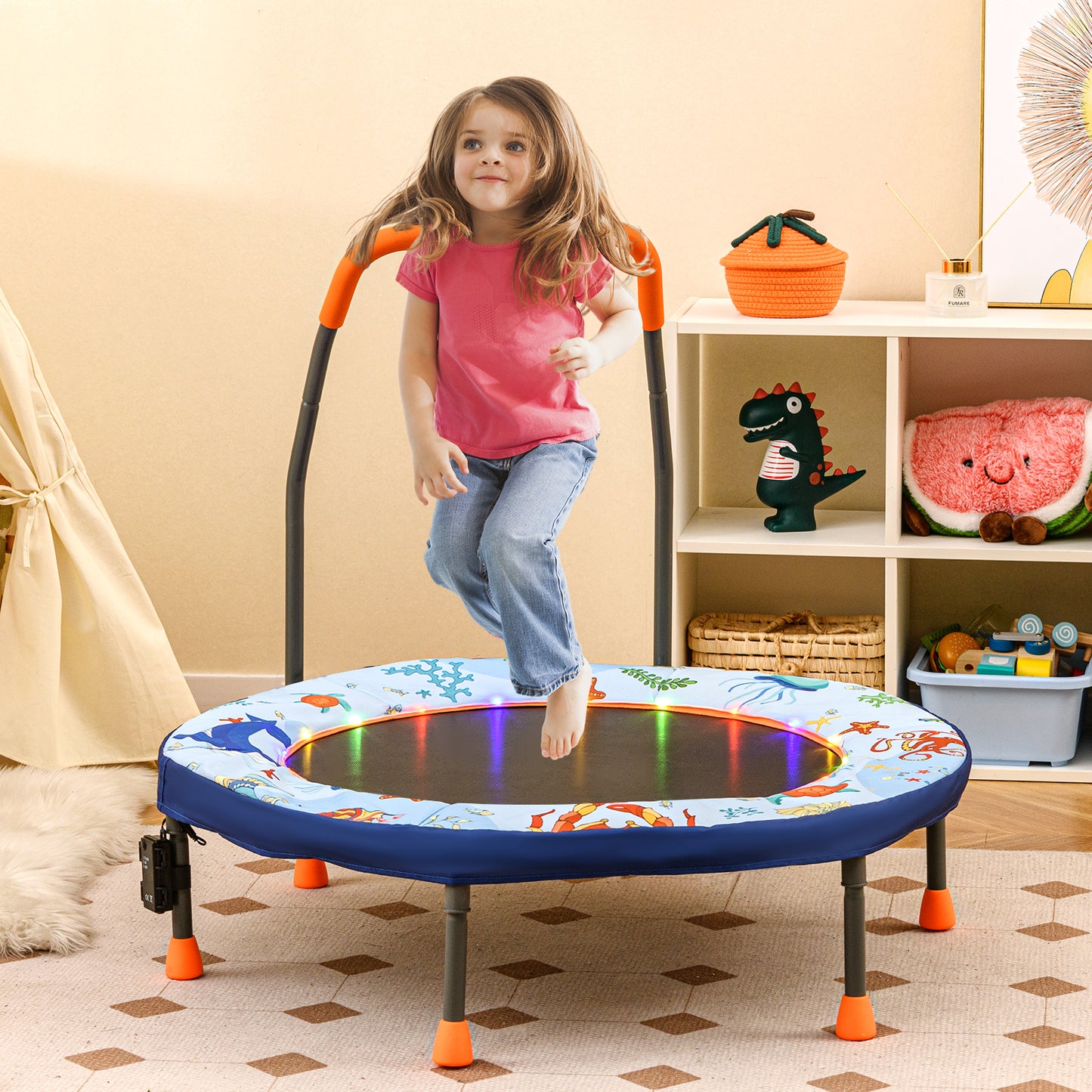 90 cm Folding  Mini Trampoline for Kids with Lights and Padded Safety Cover-Pink