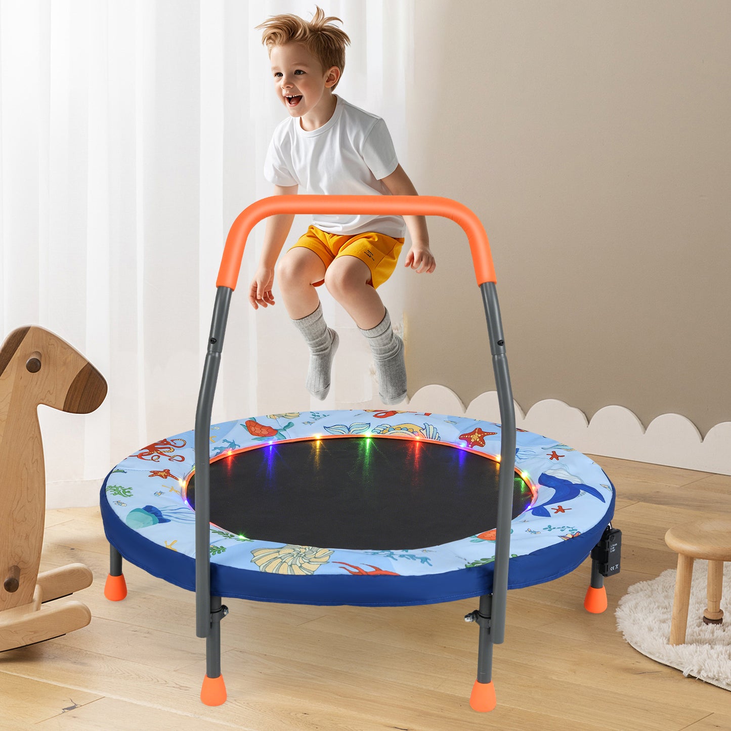 90 cm Folding  Mini Trampoline for Kids with Lights and Padded Safety Cover-Pink