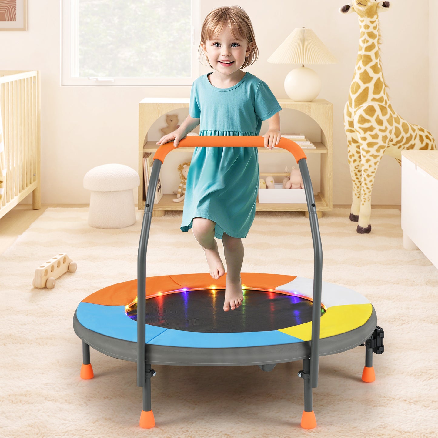 90 cm Folding  Mini Trampoline for Kids with Lights and Padded Safety Cover-Pink