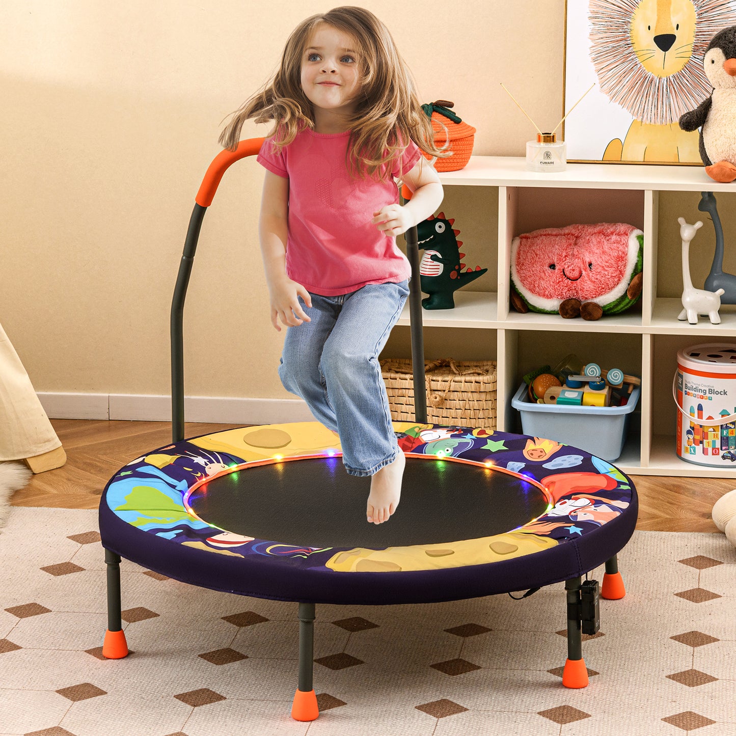 90 cm Folding  Mini Trampoline for Kids with Lights and Padded Safety Cover-Pink