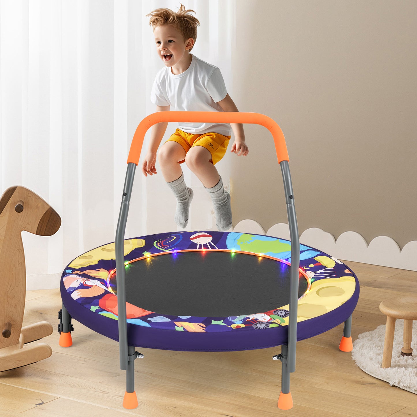 90 cm Folding  Mini Trampoline for Kids with Lights and Padded Safety Cover-Pink