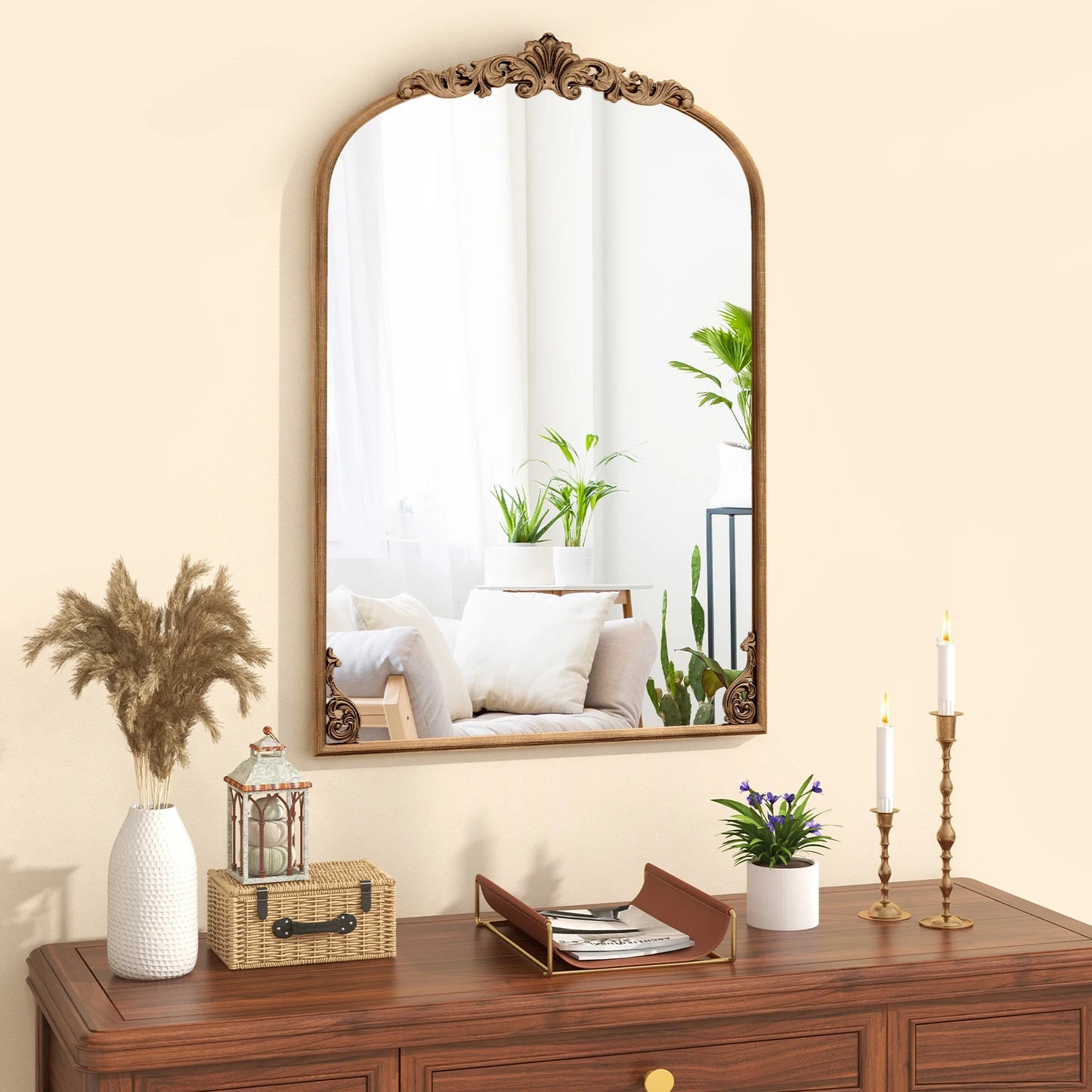 Antiqued Gold Wall Mirror with Baroque Ornate Frame-S