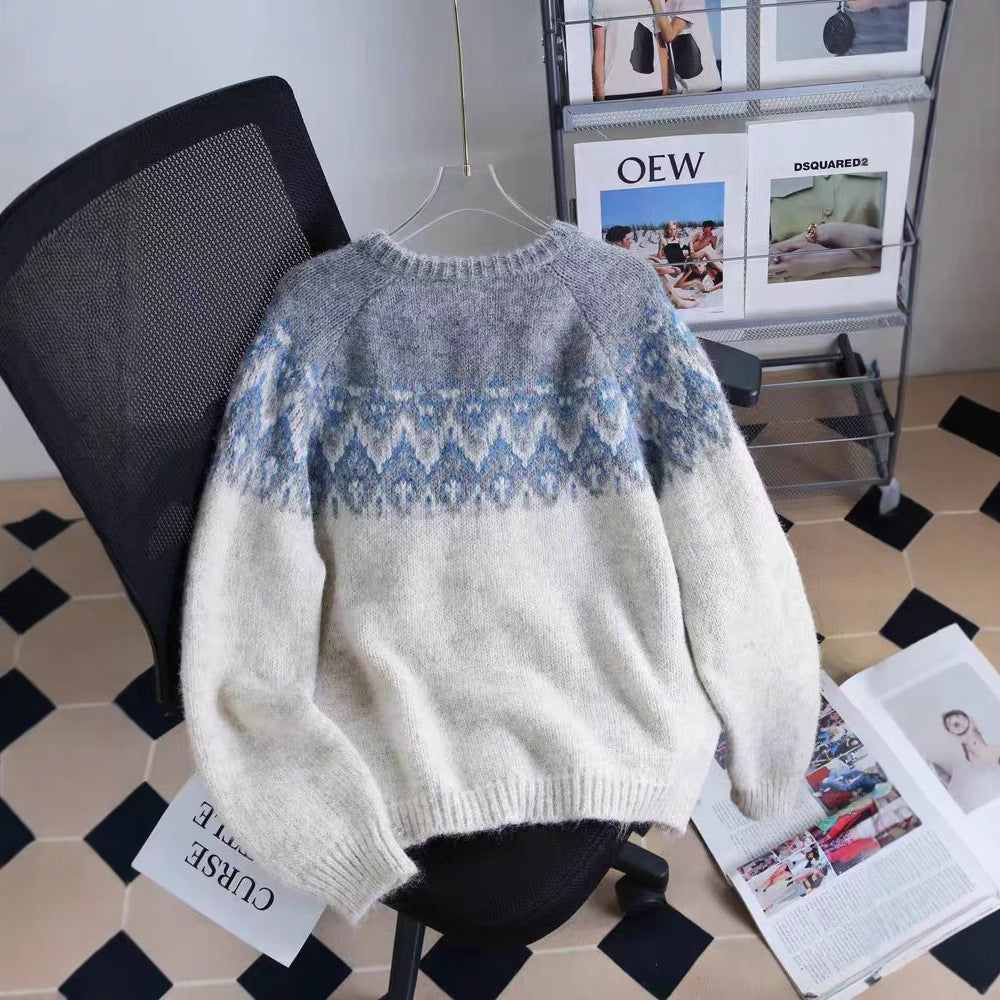 Contrast Color Jacquard Thickened Sweater Coat Women