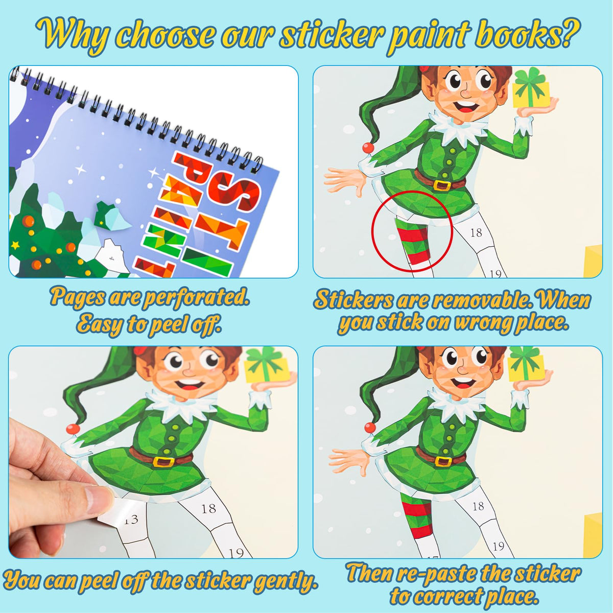 90shine 2-Pack Christmas Sticker & Paint Books for Kids 4-8 | 22 Festive Designs