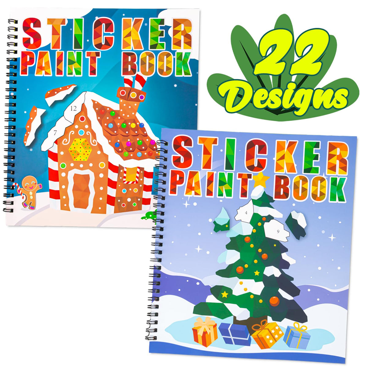 90shine 2-Pack Christmas Sticker & Paint Books for Kids 4-8 | 22 Festive Designs