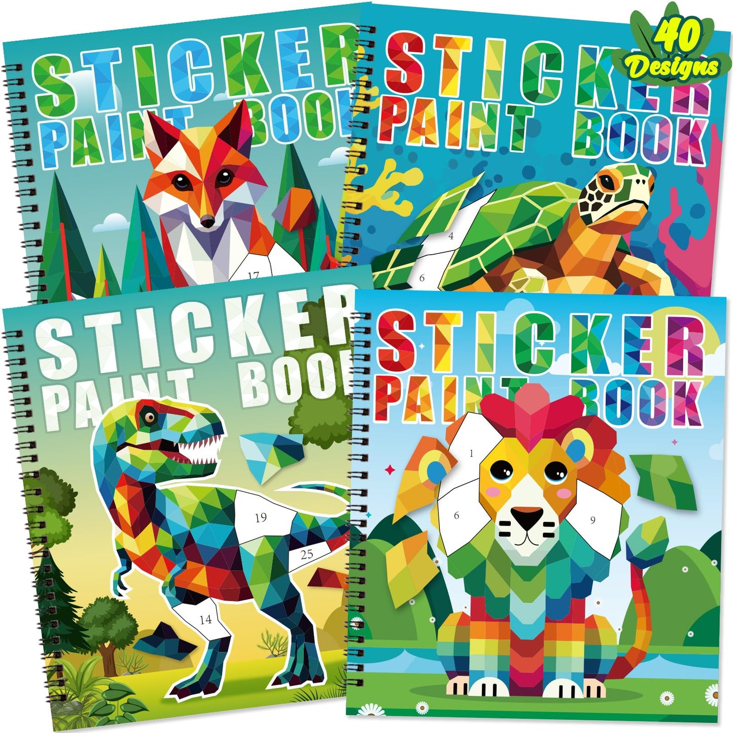 90shine 4-Pack Sticker Paint Books for Kids 4-8 — Dinosaurs, Marine & Land Animals, 40 Pictures