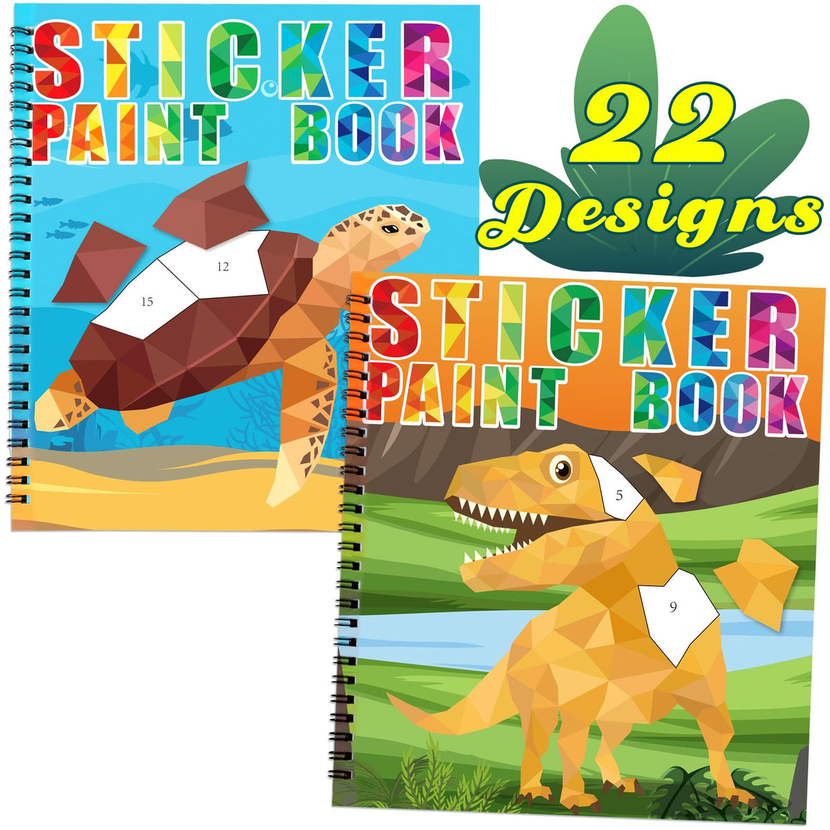 90shine 2-Pack Sticker Books for Kids 4-8: Dinosaur & Underwater World (22 Sheets)