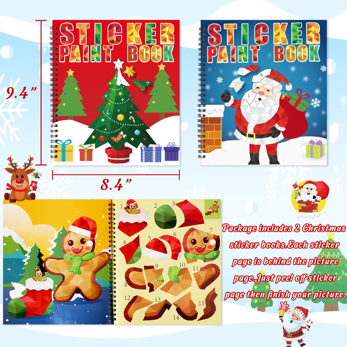 90shine 2-Pack Sticker Paint Books for Kids 4-8 – Create 22 Christmas Pictures
