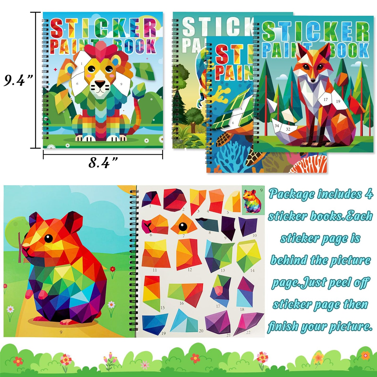 90shine 4-Pack Sticker Paint Books for Kids 4-8 — Dinosaurs, Marine & Land Animals, 40 Pictures