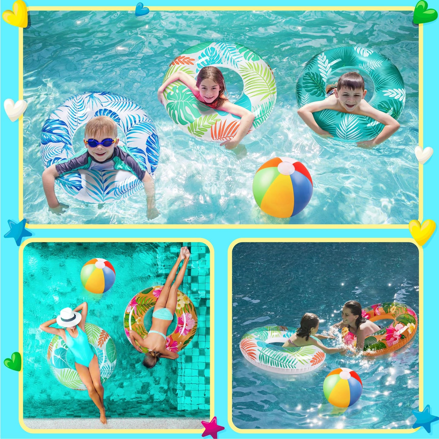 90shine 7PCS Luau Pool Floats: Hawaiian Rings and 13.5-Inch Beach Balls for Kids and Adults