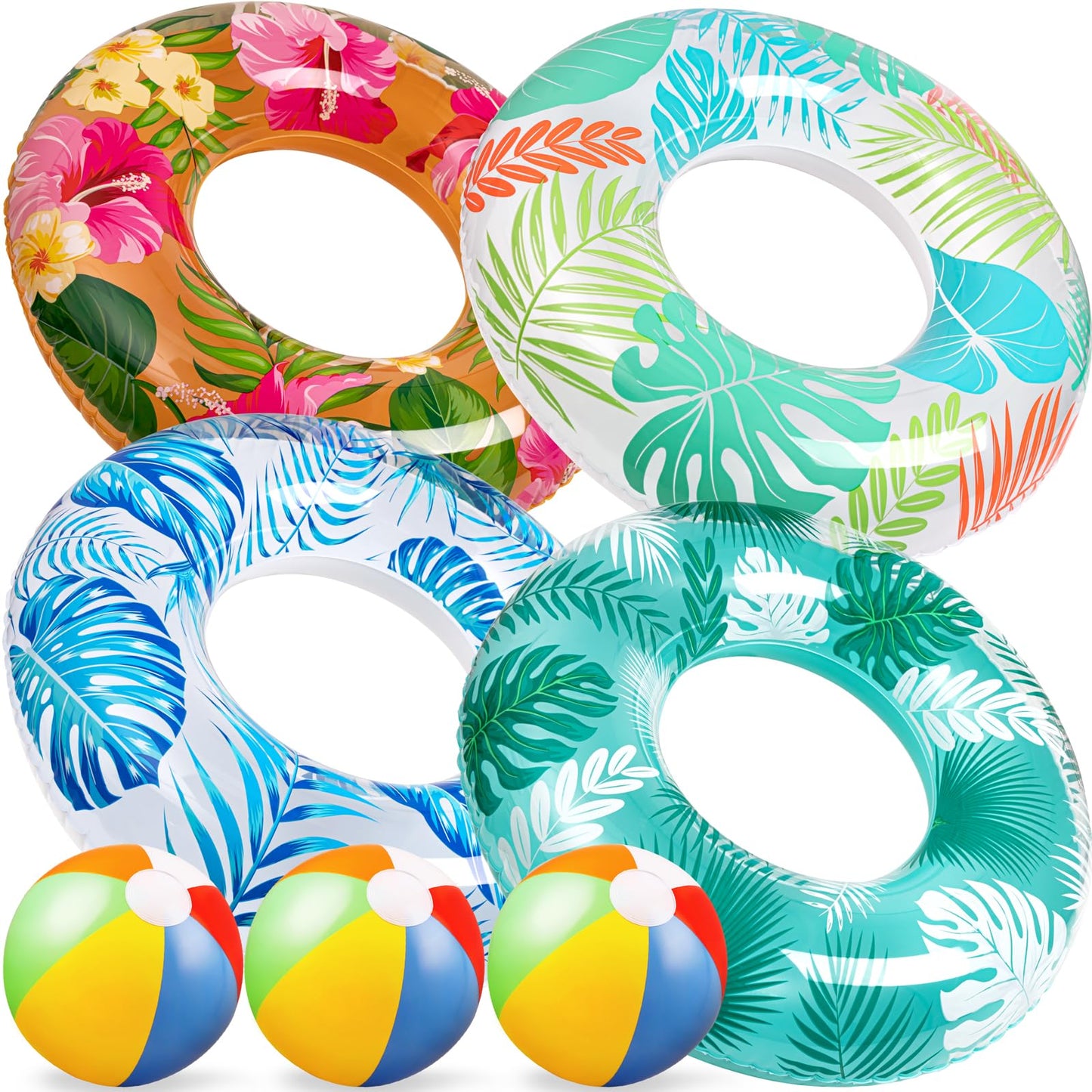 90shine 7PCS Luau Pool Floats: Hawaiian Rings and 13.5-Inch Beach Balls for Kids and Adults