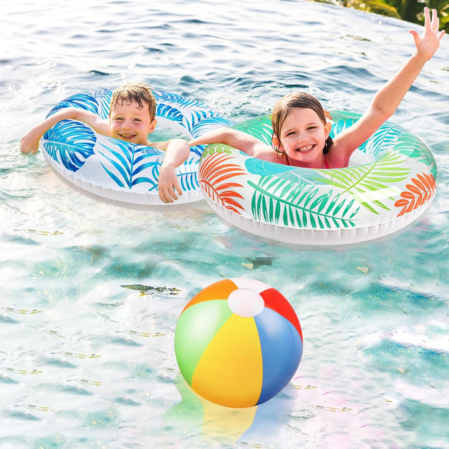 90shine 7PCS Luau Pool Floats: Hawaiian Rings and 13.5-Inch Beach Balls for Kids and Adults