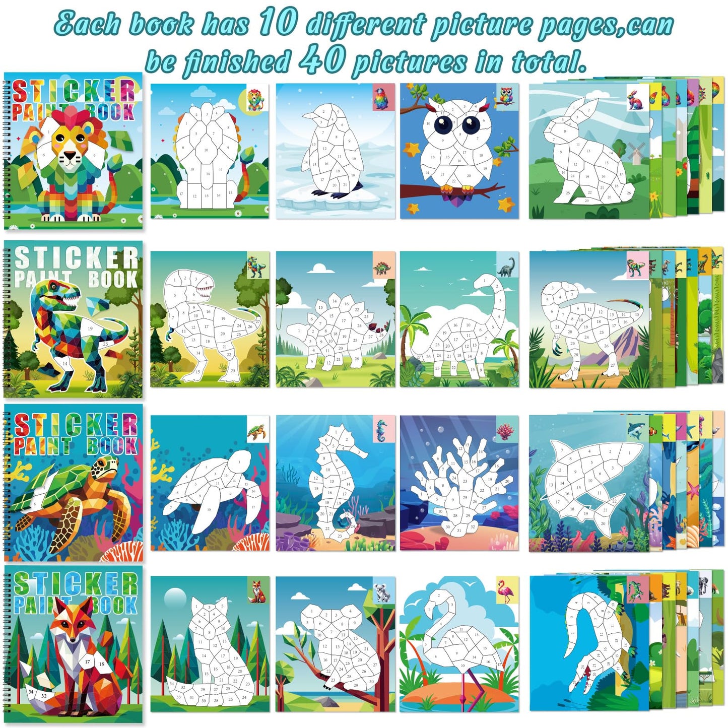 90shine 4-Pack Sticker Paint Books for Kids 4-8 — Dinosaurs, Marine & Land Animals, 40 Pictures