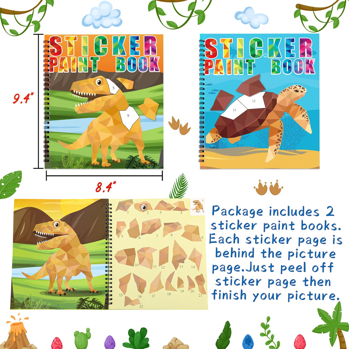 90shine 2-Pack Sticker Books for Kids 4-8: Dinosaur & Underwater World (22 Sheets)
