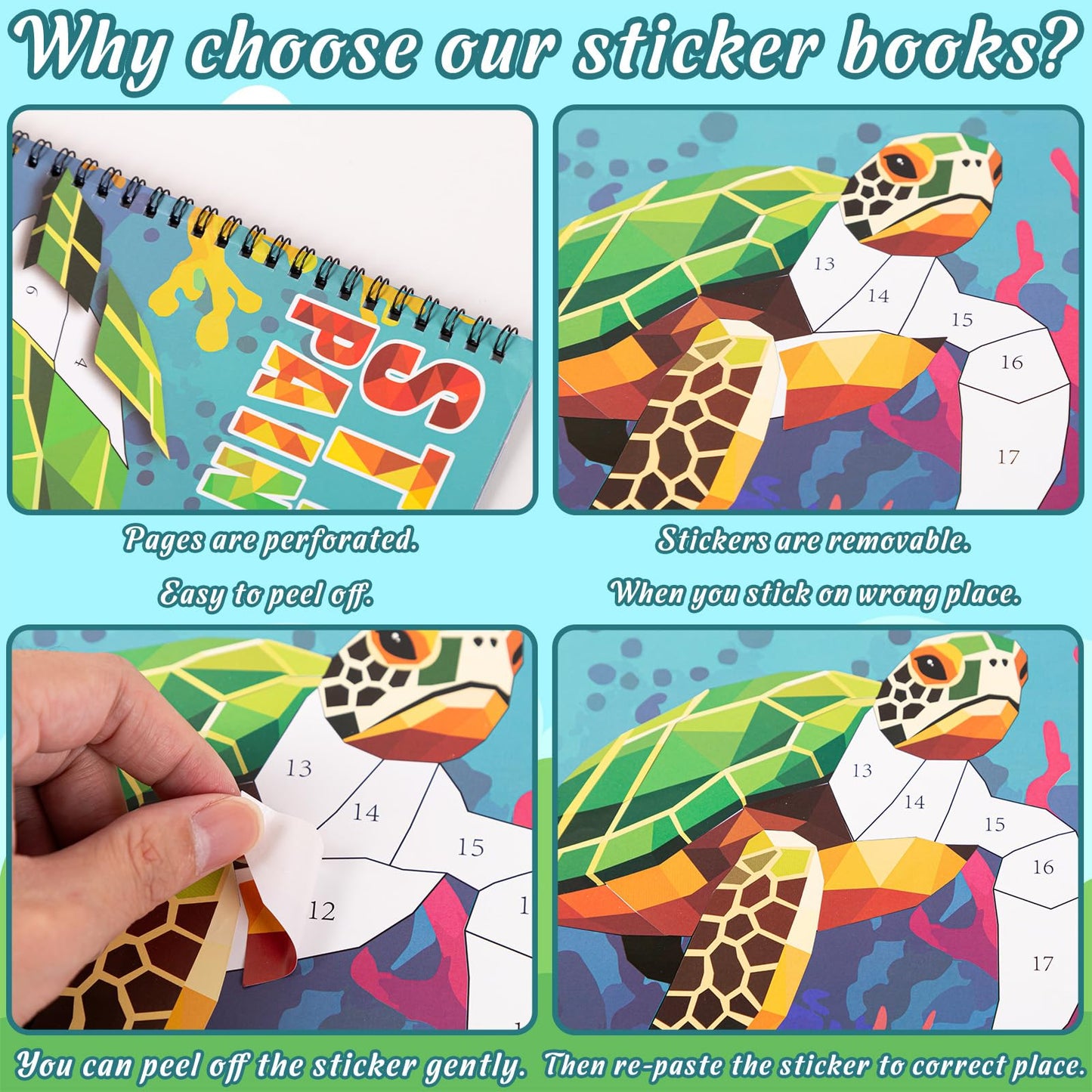 90shine 4-Pack Sticker Paint Books for Kids 4-8 — Dinosaurs, Marine & Land Animals, 40 Pictures