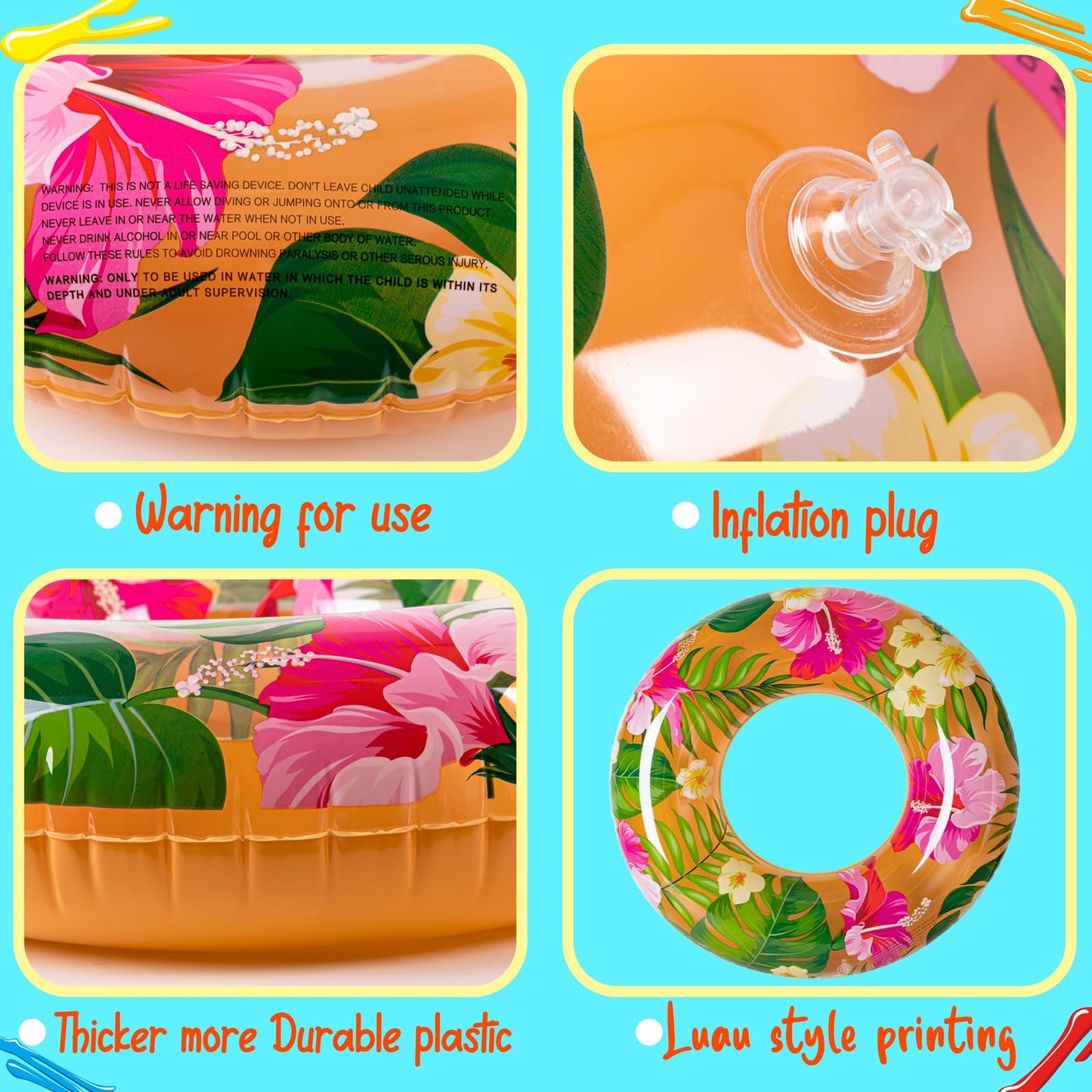 90shine 7PCS Luau Pool Floats: Hawaiian Rings and 13.5-Inch Beach Balls for Kids and Adults