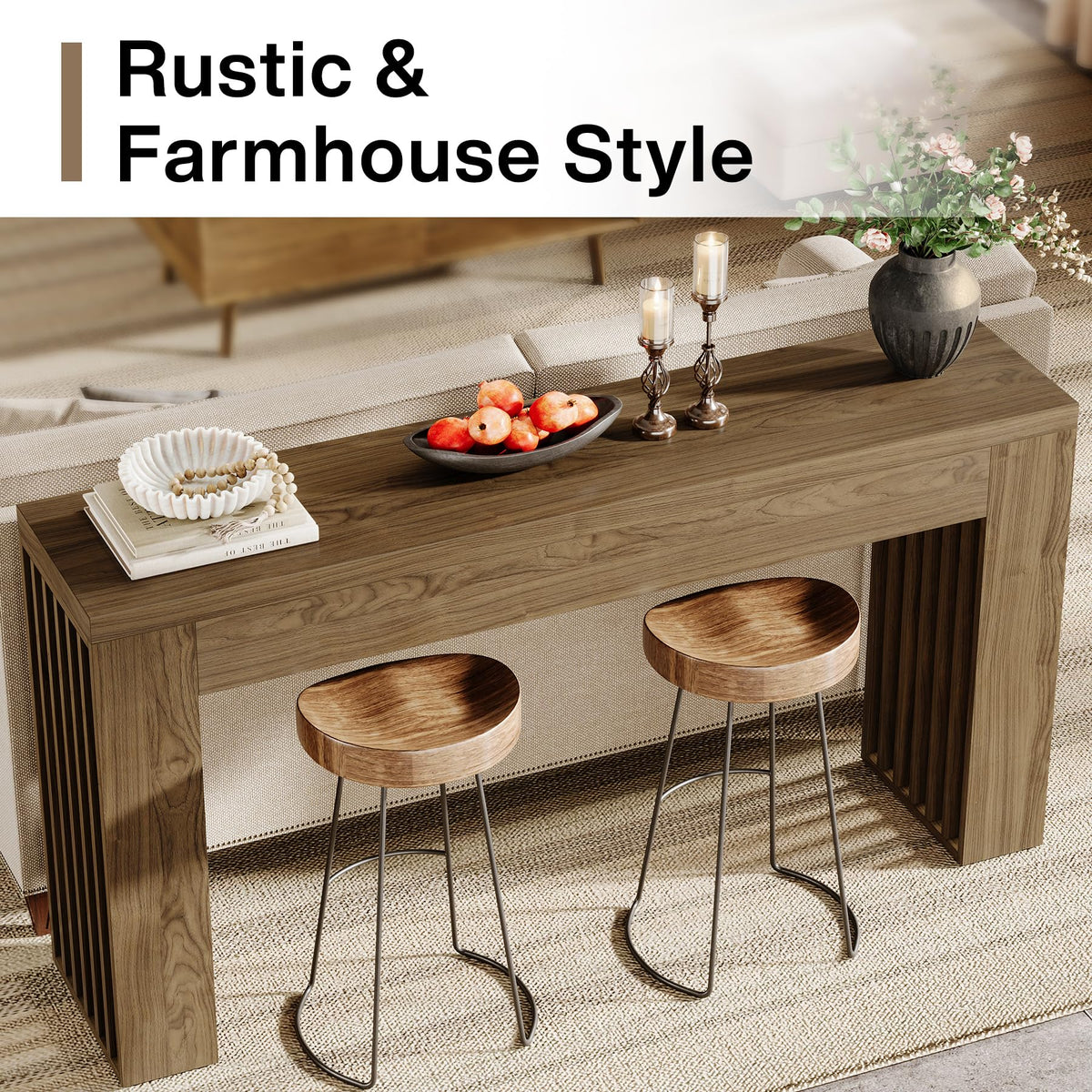 Tribesigns 150cm Long Wooden Console Table Behind Sofa with Vertical Slat Legs for Entryway, Hallway, Entryway, Living Room (Rustic Brown)