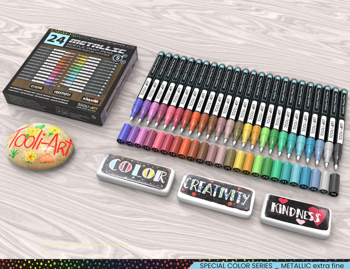 24 Metallic Acrylic Paint Markers Paint Pens Set 0.7mm Extra Fine Tip For Rock Painting, Glass, Mugs, Wood, Metal, Canvas, DIY Projects, Outlining,
