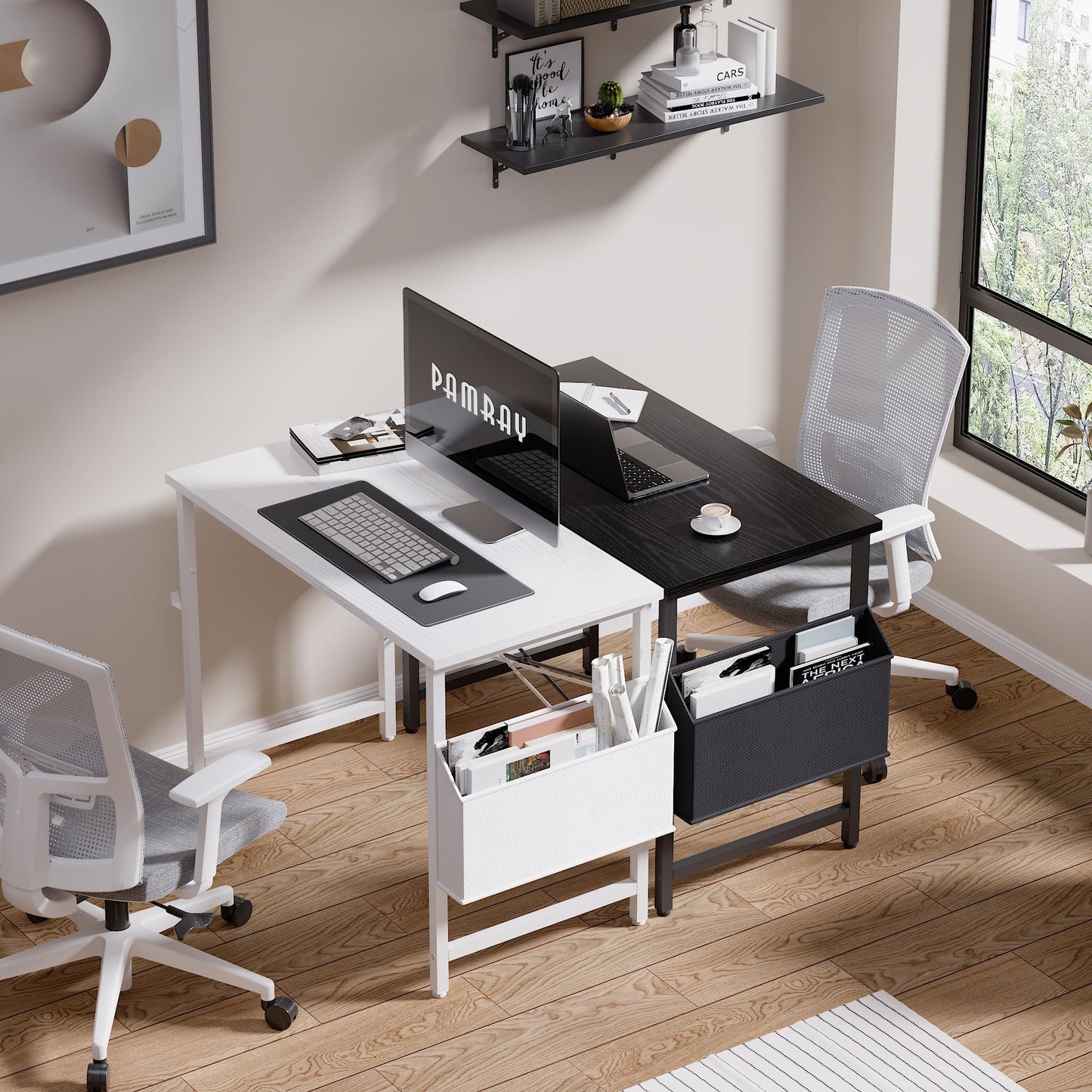 PAMRAY 80x40cm Computer Desk for Small Spaces with Storage Bag, Home Office Work Desk with Headphone Hook, Small Office Study Writing Table, Black