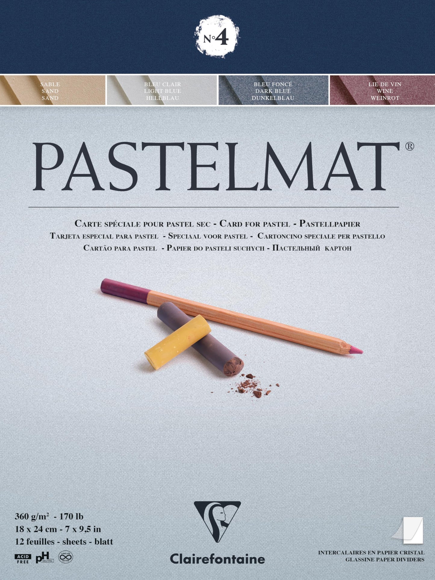 Clairefontaine - Ref 96110C - Pastelmat Pastel Card Pad No.4 (12 Sheets) - 360gsm Card - 18 x 24cm - Assorted Colours - Specially Formulated For Use