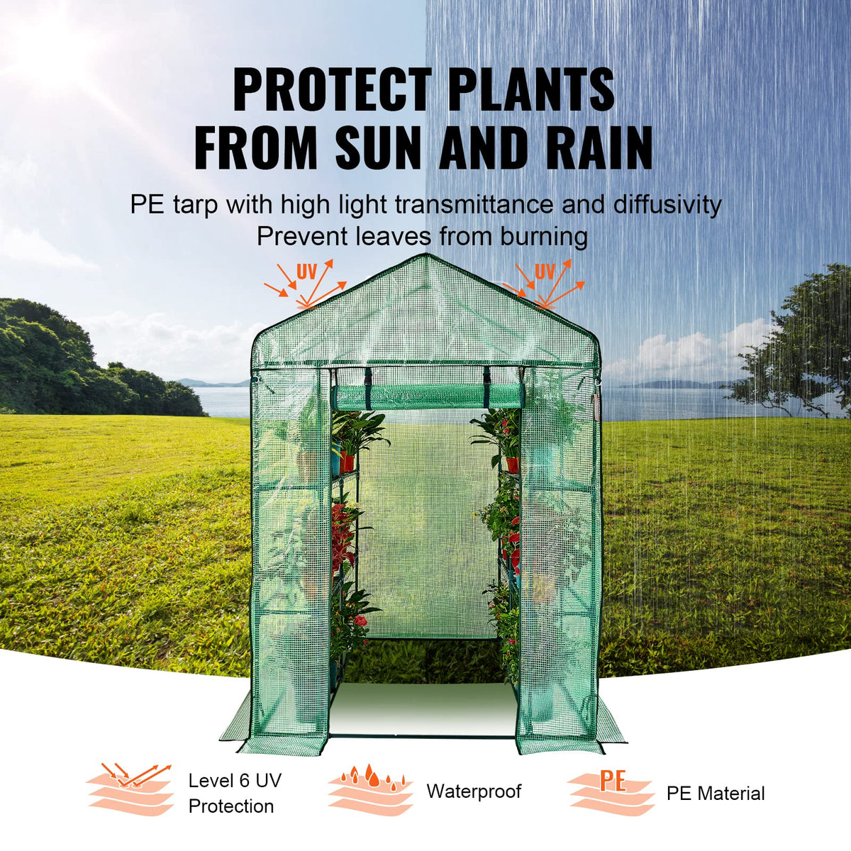 VEVOR Walk-in Green House, 4.6 x 4.6 x 6.6 ft Greenhouse with Shelves, Set Up in Minutes, High Strength PE Cover with Door & Windows and Steel Frame,