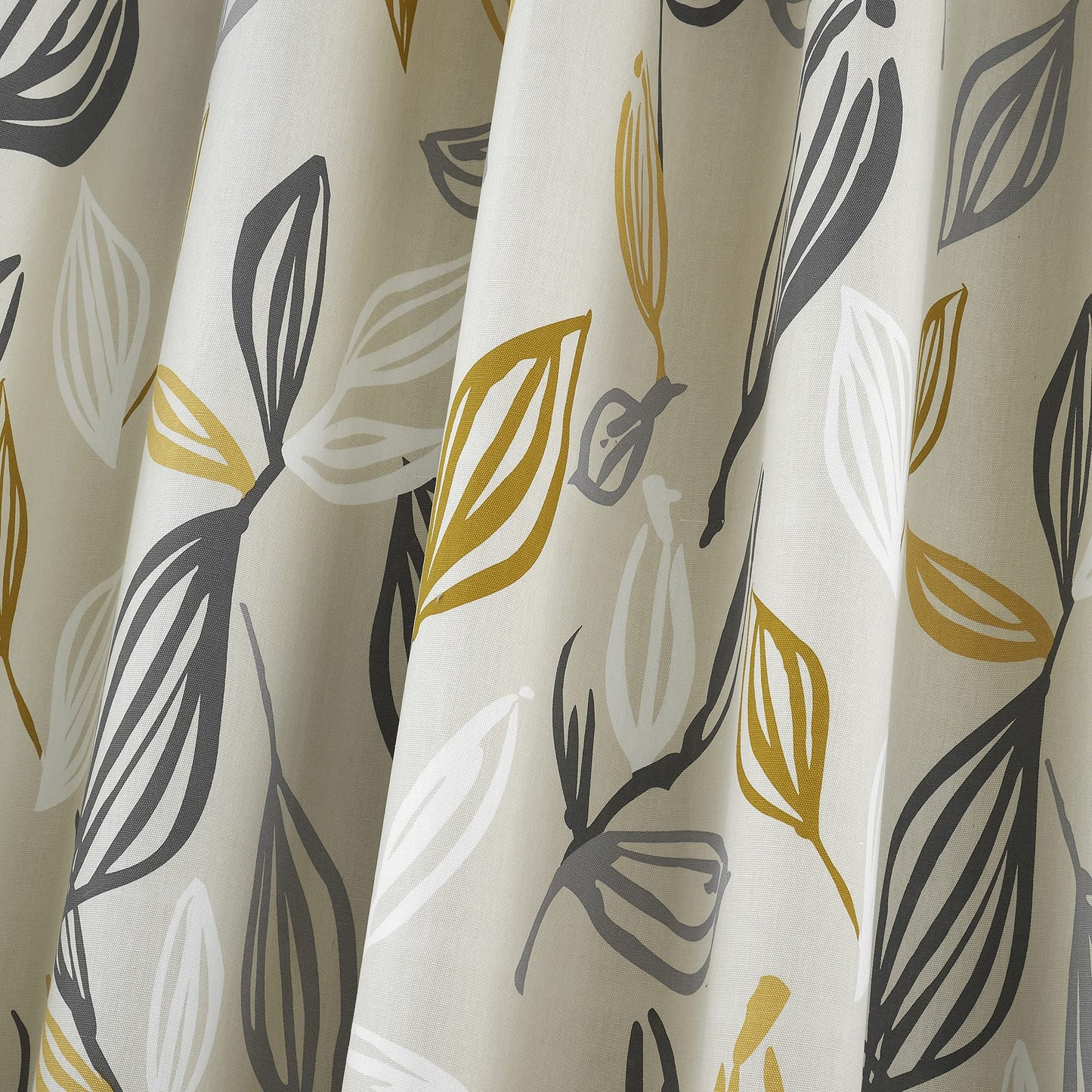 Fusion - Grey & Ochre Leaf Curtains W90 x L72" (229 x 183cm) - 2x Panels - 100% Cotton - Yellow Eyelet Curtains with Leaf Prints - Leaves Curtains &