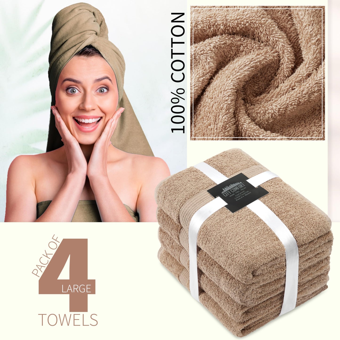 CityComfort Bath Towels Set of 4 100% Cotton 550 GSM 75x135cm Highly Absorbent Fluffy Bathroom Towels Household Essentials (Brown - 4 Pack)