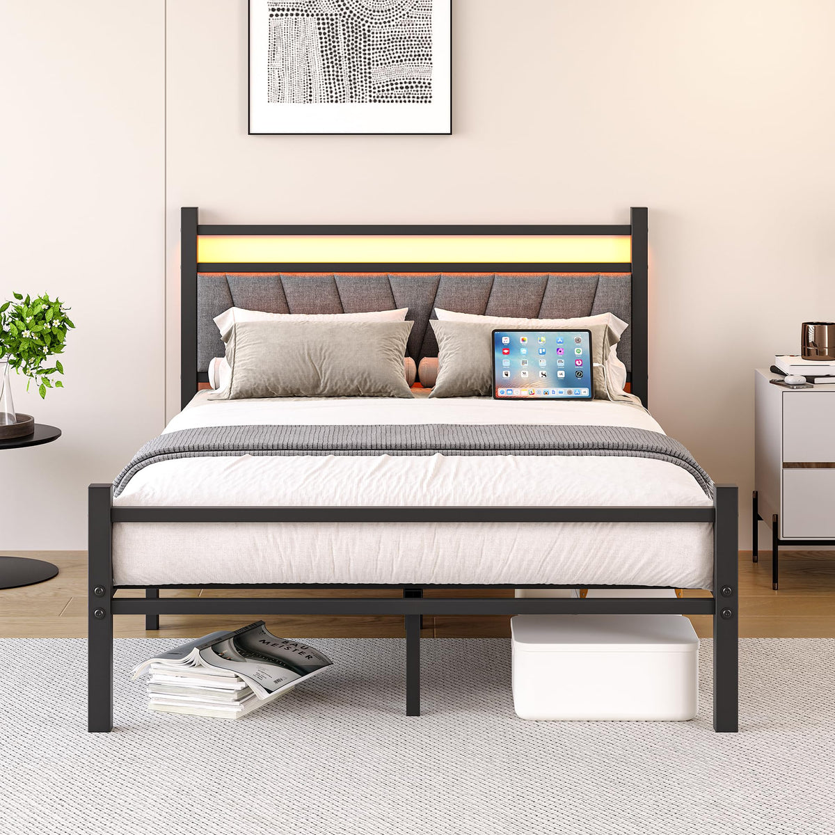 FOUBAM 4FT6 Double Bed Frame, Metal Platform Upholstered Bed frame with Headboard and USB Charging Station,Heavy Duty Metal Bed Double Size with LED
