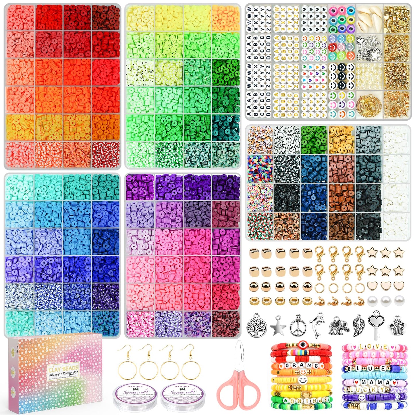 Paodey 20,000 Pcs Clay Beads 120 Colors Friendship Bracelet Making Kit, 6 Boxes Polymer Heishi Beads Jewellery Making Kit with Letter Charms Elastic