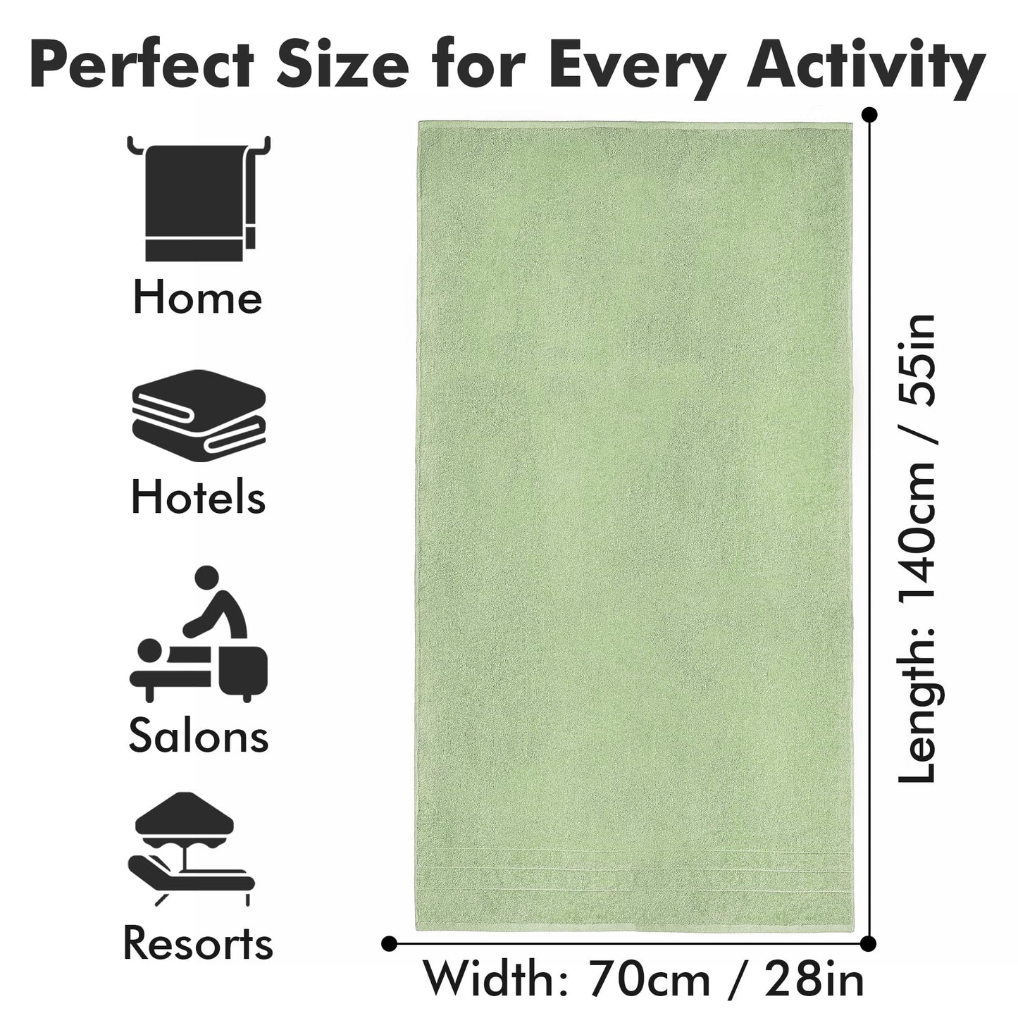 Novo Home Bath Towels Set of 4 – 550 GSM 100% Cotton Light Green Extra Large Towels for Bathroom, Spa Use (70x140 cm)
