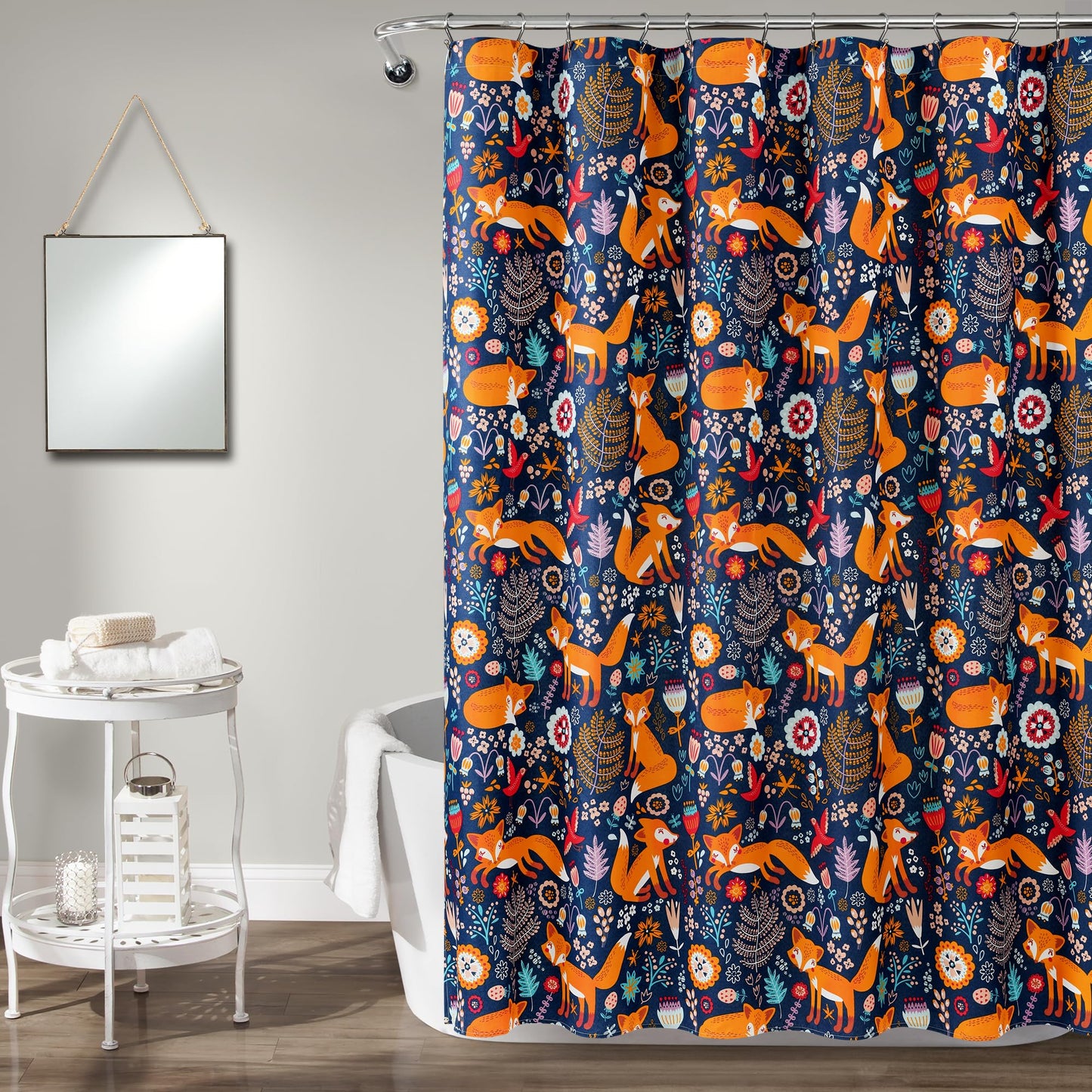 Lush Decor Pixie Fox Shower Curtain, 72" W x 72" L, Navy - Whimsical Floral & Fox Pattern - Fun Kids Shower Curtain - Woodland Kids Bathroom Decor
