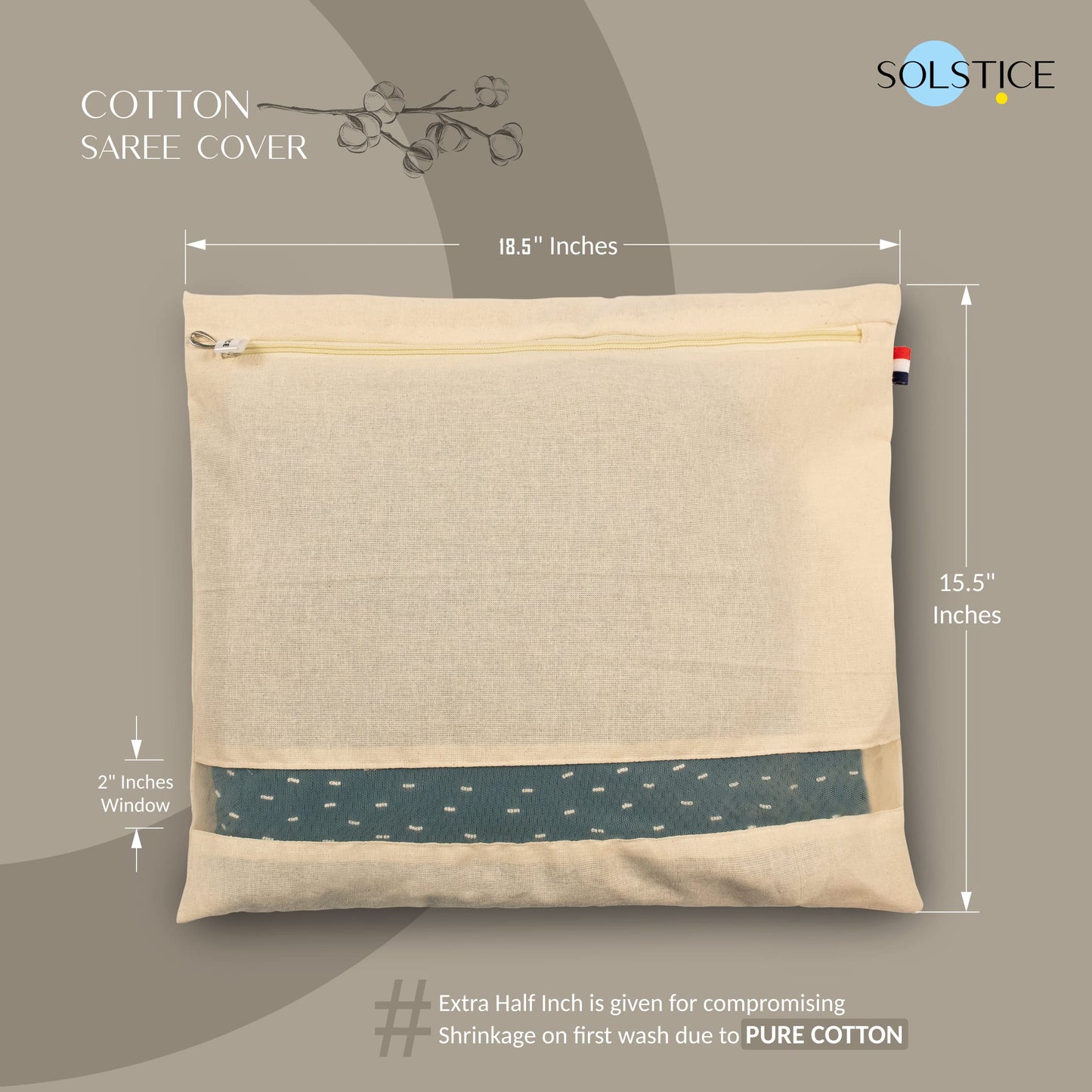 SOLSTICE cotton big saree covers/bags for storage single (18 x 15 Inches) for big silk sarees, lehengas, clothes with Zipper Closure