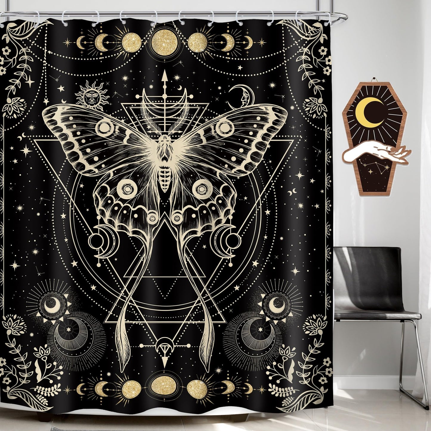 LGhtyro Gold Moth Shower Curtain 60Wx71H Inch Moon Phase Shower Curtain Bathroom Set Gothic Black Butterfly Moonlit Bath Curtain Witchy Tarot