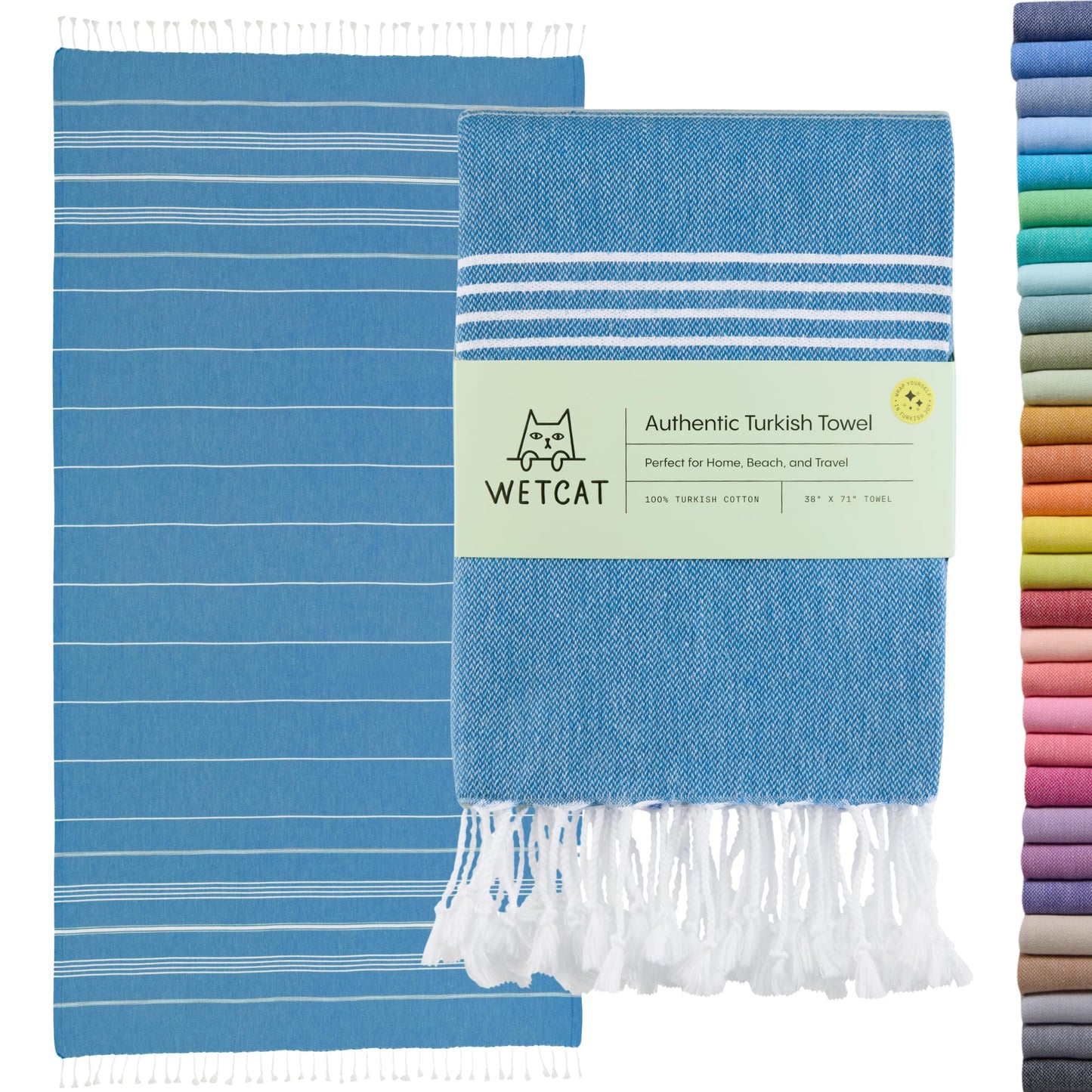 WETCAT Turkish Beach Towel Oversized 38x71 100% Cotton Sand Free Quick Dry Extra Large Light Travel Towel for Adults Beach Accessories Gifts - Blue