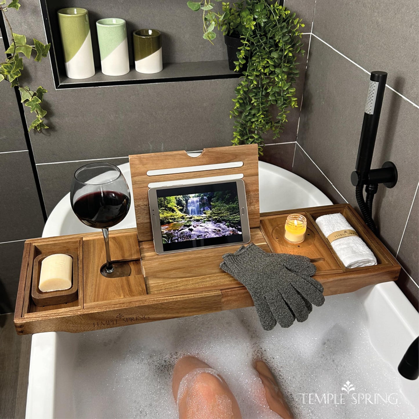 Temple Spring Acacia Wooden Bath Tray, Bath Shelf Bathroom Accessory, Home Spa Boards for Adults, Tub Caddy, Wood Bathroom Accessories Set, Extendable
