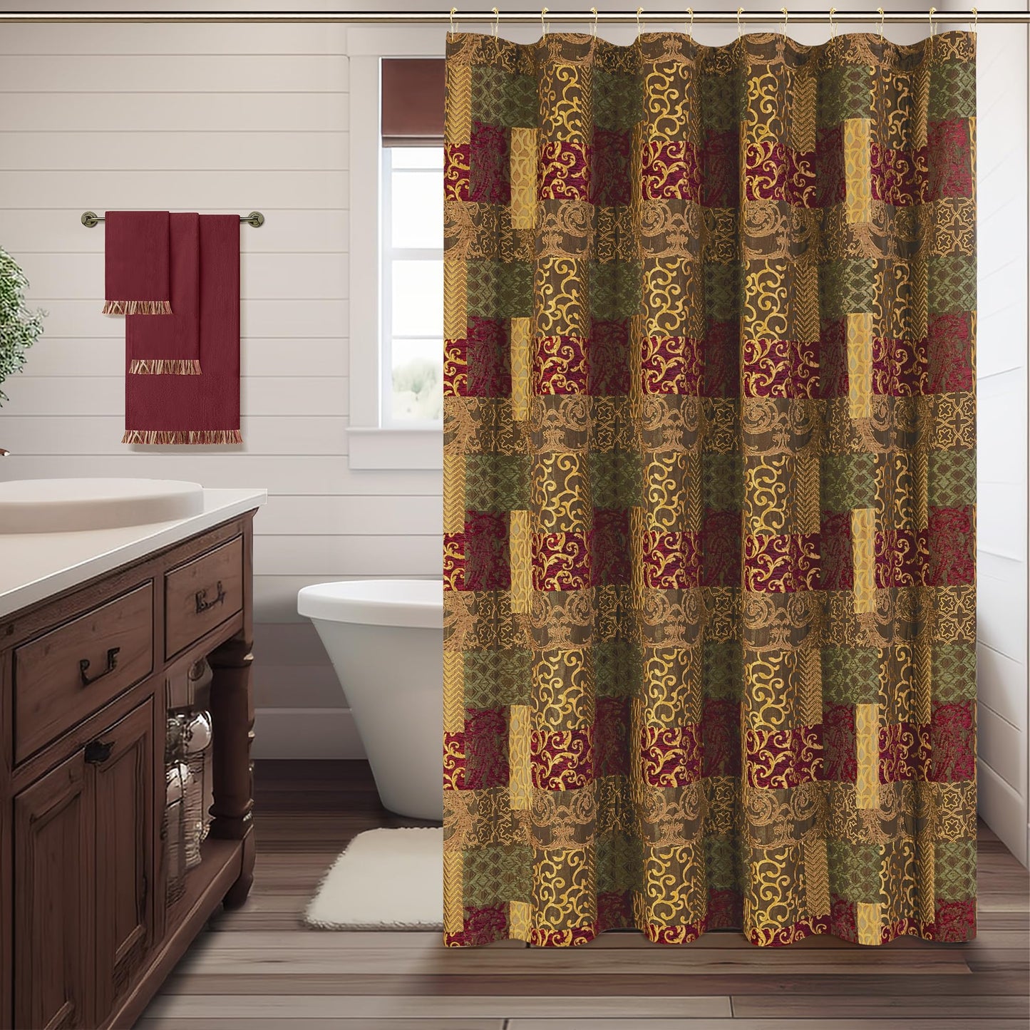TOPLUXE Patchwork Shower Curtain with 12 Metal Hooks 180x180cm
