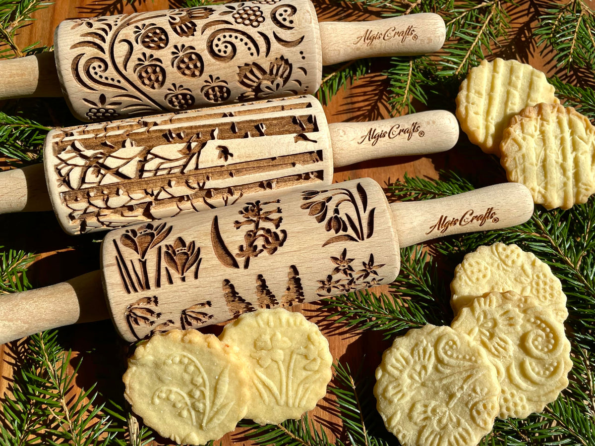 SEASONS 3 Mini Embossed Rolling Pin Set. Wooden Laser Cut Mini Rolling Pins for cookies or clay with spring flowers, tulips, daffodils, strawberries,