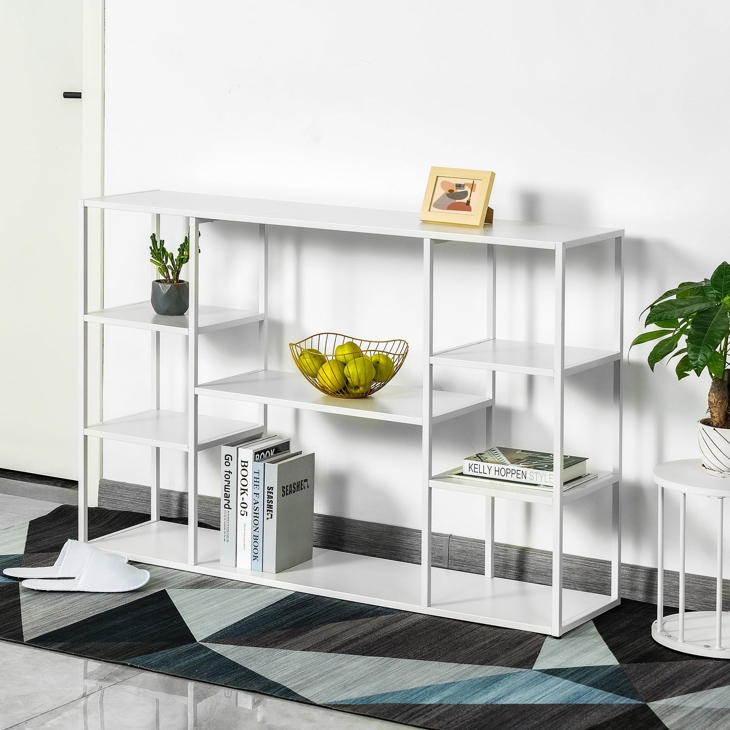 HDANI 120cm Long Sofa Console Table,Narrow Modern Entryway Table Behind Couch with Storage Shelves,4 tier Shelf Bookshelf for Living