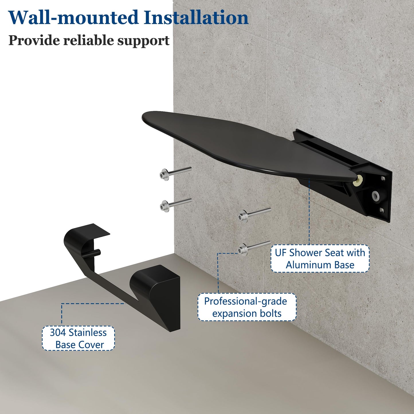 Neohomee Folding Shower Seat Wall Mounted Shower Chair 40x40 cm, Extra-Wide Black Shower Stool for Elderly, 200kg Capacity, Anti-Slip