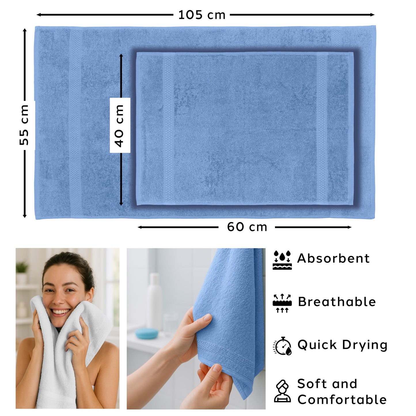 Caleffi Cotton Bidet and Face Towel Set, Wash-Resistant Towels, Includes 1 Face Towel 55 x 100 cm and 1 Guest Bidet Towel 40 x 60 cm