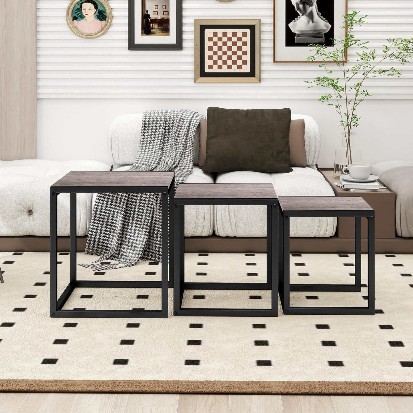 Diahomy Nesting Coffee Table, Set of 3 Stacking Side Tables, Grey