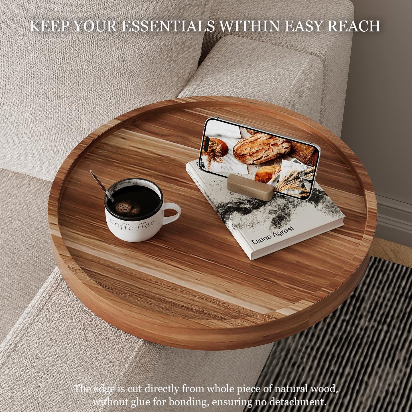 Semjar Acacia Wood Sofa Arm Table,Adjustable Round Couch Armrest Tray,Wooden Chair Arm Table Sofa Arm Tray for Wide Thin Couches Arm,Arm Trays