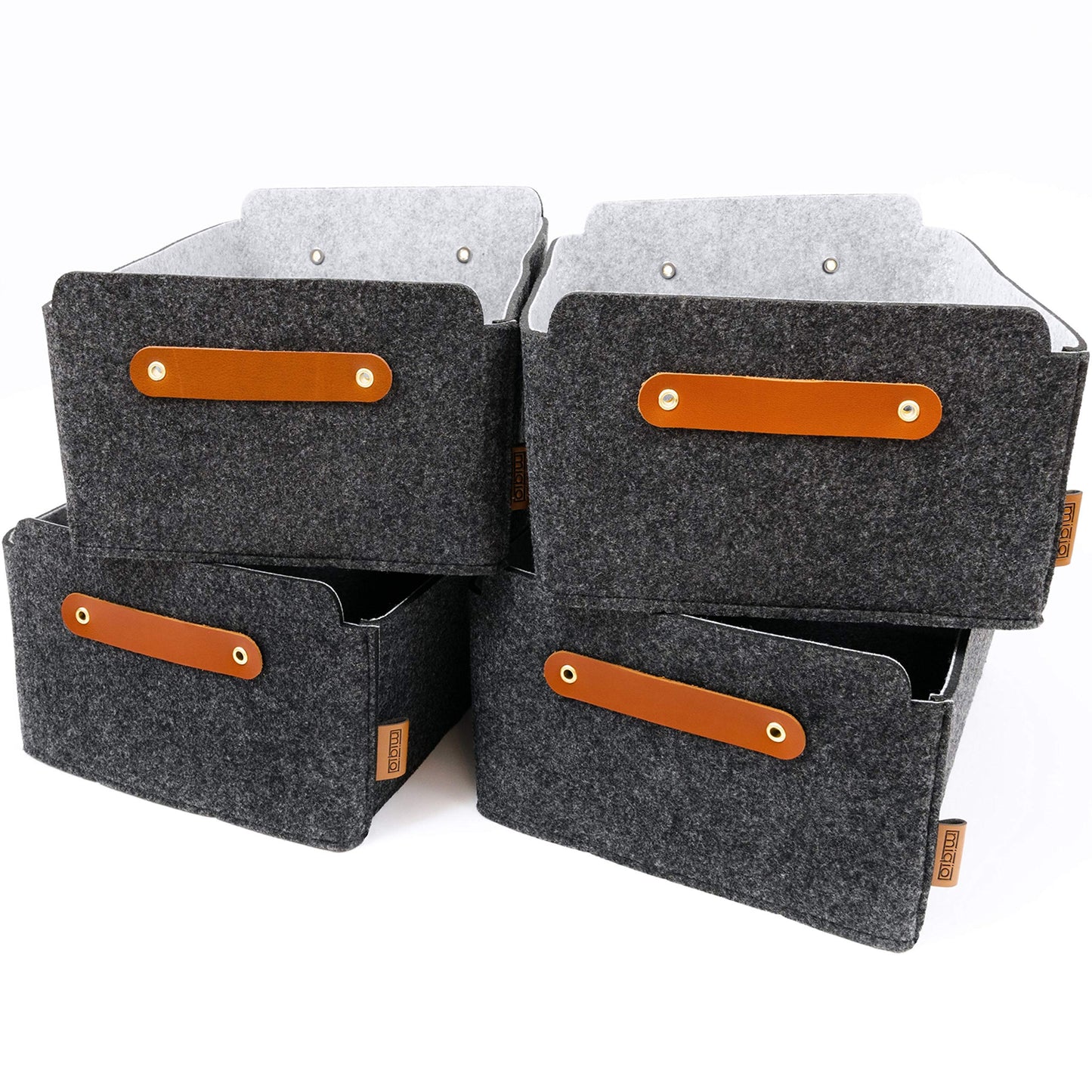 MIQIO® Design Felt Storage Box, Set of 4, with leather handle, 12x10x6 inch, Storage Baskets, Folding Box, Organiser Boxes, Dark Grey